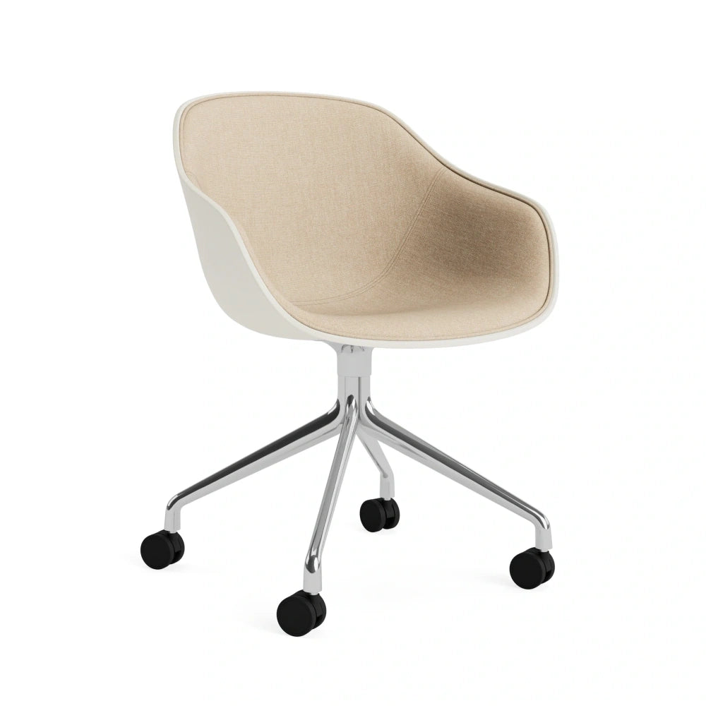 HAY AAC 224 front upholstered in Metaphor 035, melange cream shell, polished aluminium swivel base and black castors