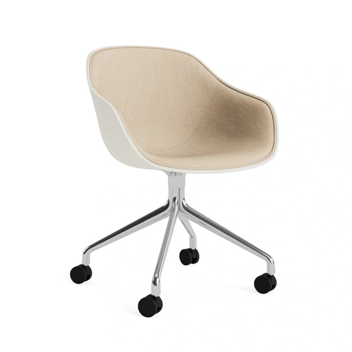 HAY AAC 224 front upholstered in Metaphor 035, melange cream shell, polished aluminium swivel base and black castors