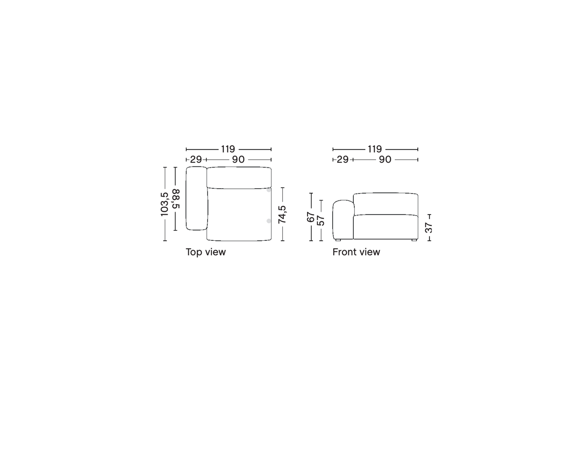 HAY Mags Soft removable-cover wide left armrest module S1964RC, supplier top and front technical drawings