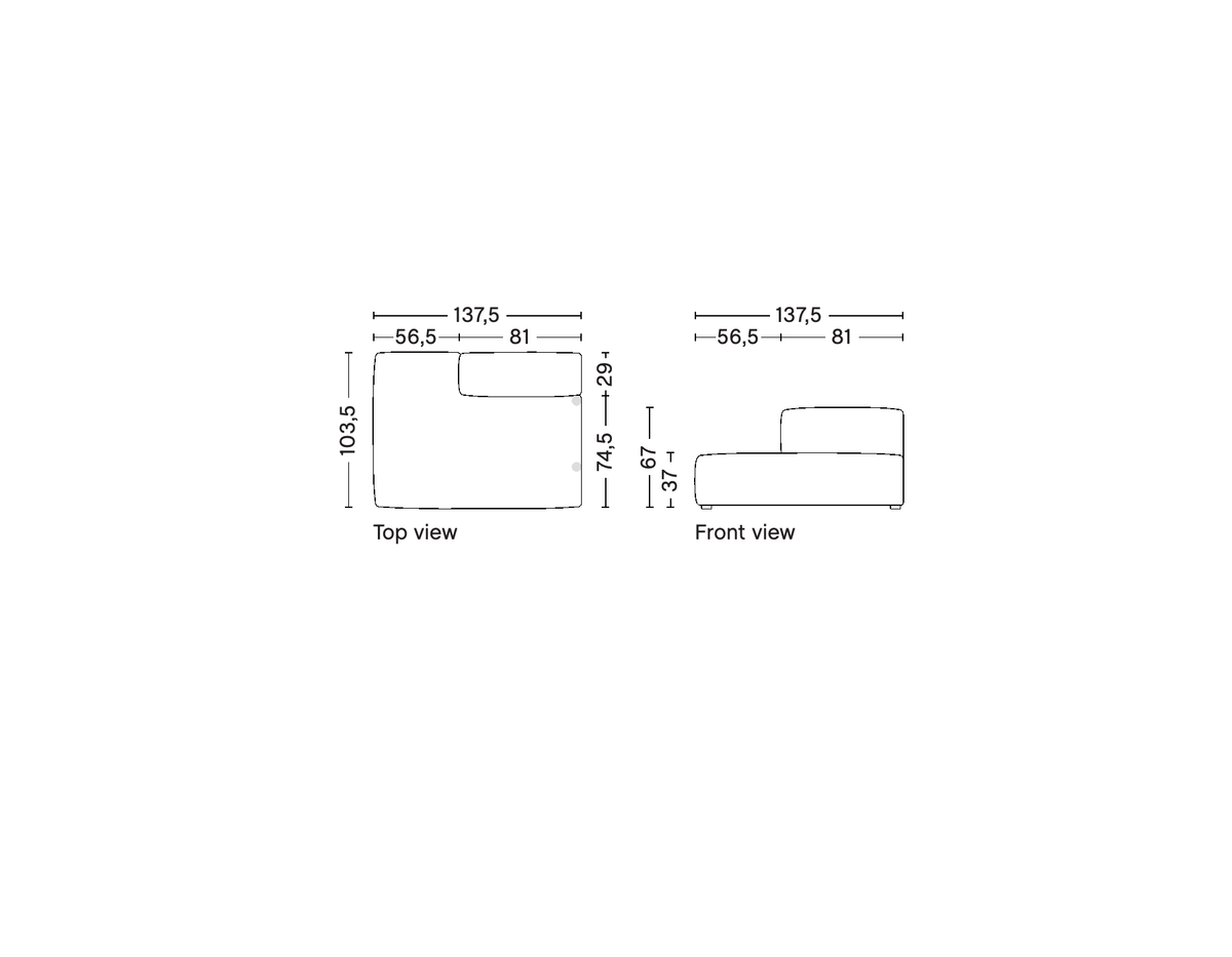HAY Mags Soft removable-cover lounge right backrest module S9301RC, supplier top and front technical drawings