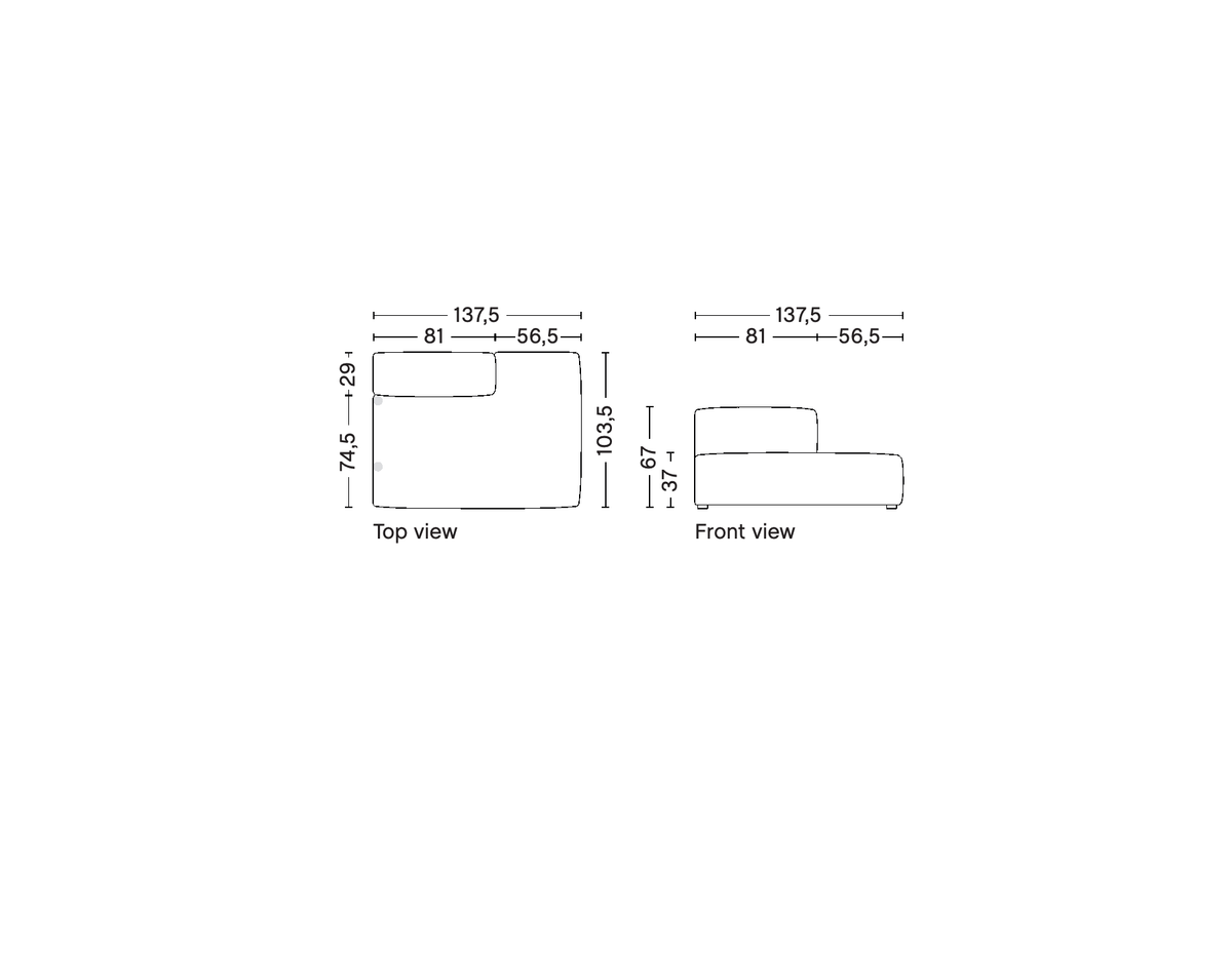 HAY Mags Soft removable-cover lounge left backrest module S9302RC, supplier top and front technical drawings