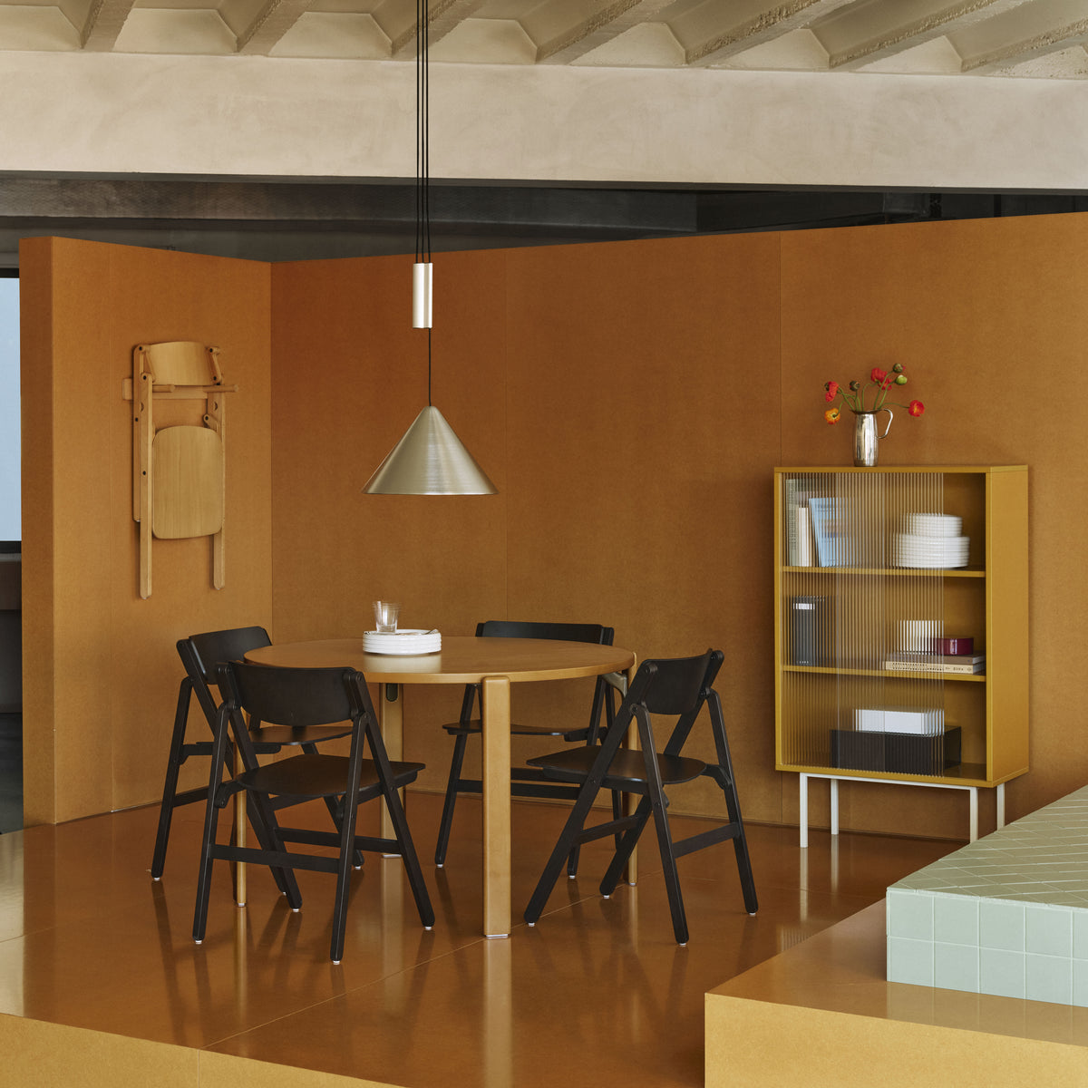 HAY Compass Adjustable Pendant in brushed aluminium above a Rey dining table with Backflip chairs