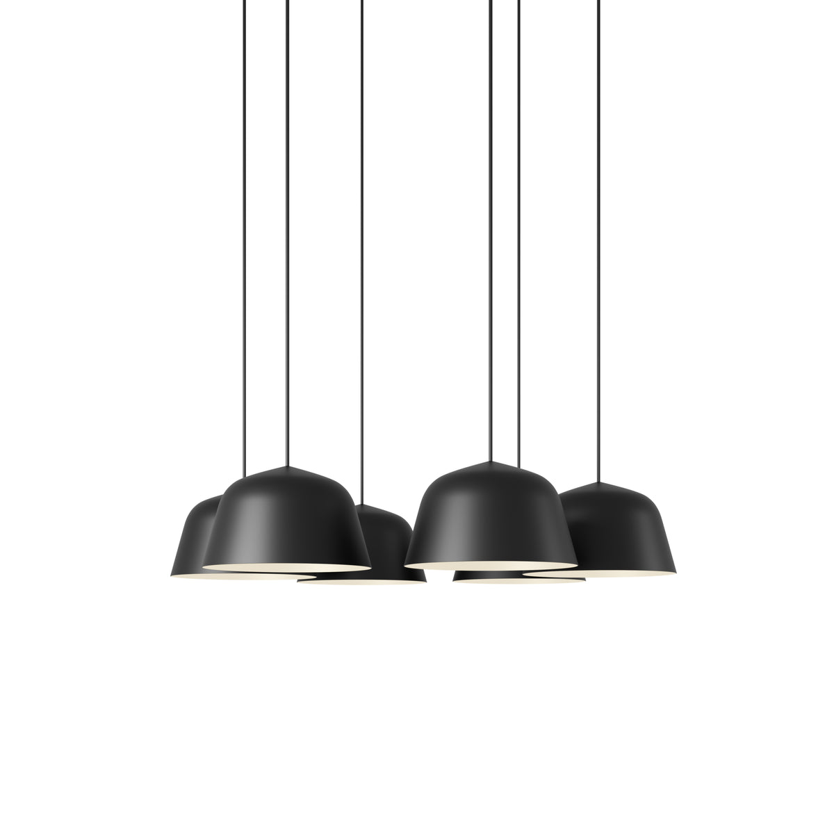 Muuto Ambit Pendant Cluster - Ø25 - 6 - White / Black; manufacturer arrangement with suspension cords continuing beyond the frame