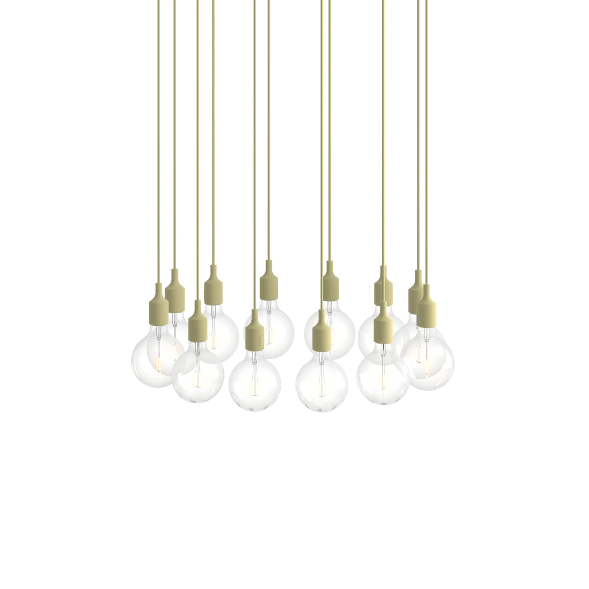 Muuto E27 Pendant Cluster - 12 - White / Beige Green; manufacturer arrangement with suspension cords continuing beyond the frame