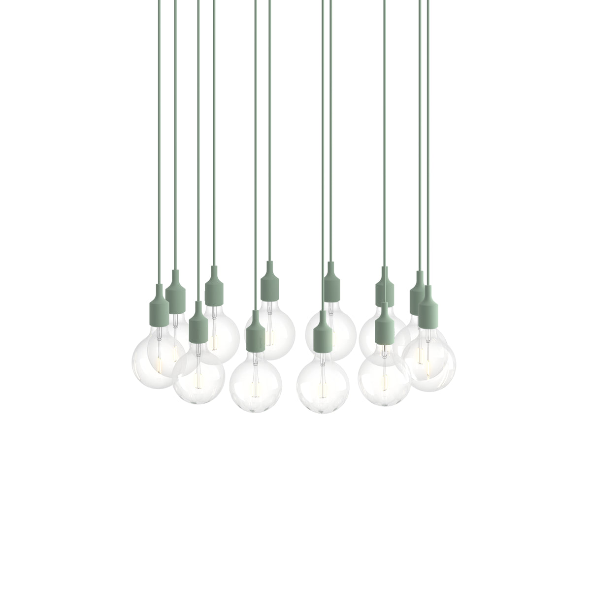 Muuto E27 Pendant Cluster - 12 - White / Light Green; manufacturer arrangement with suspension cords continuing beyond the frame