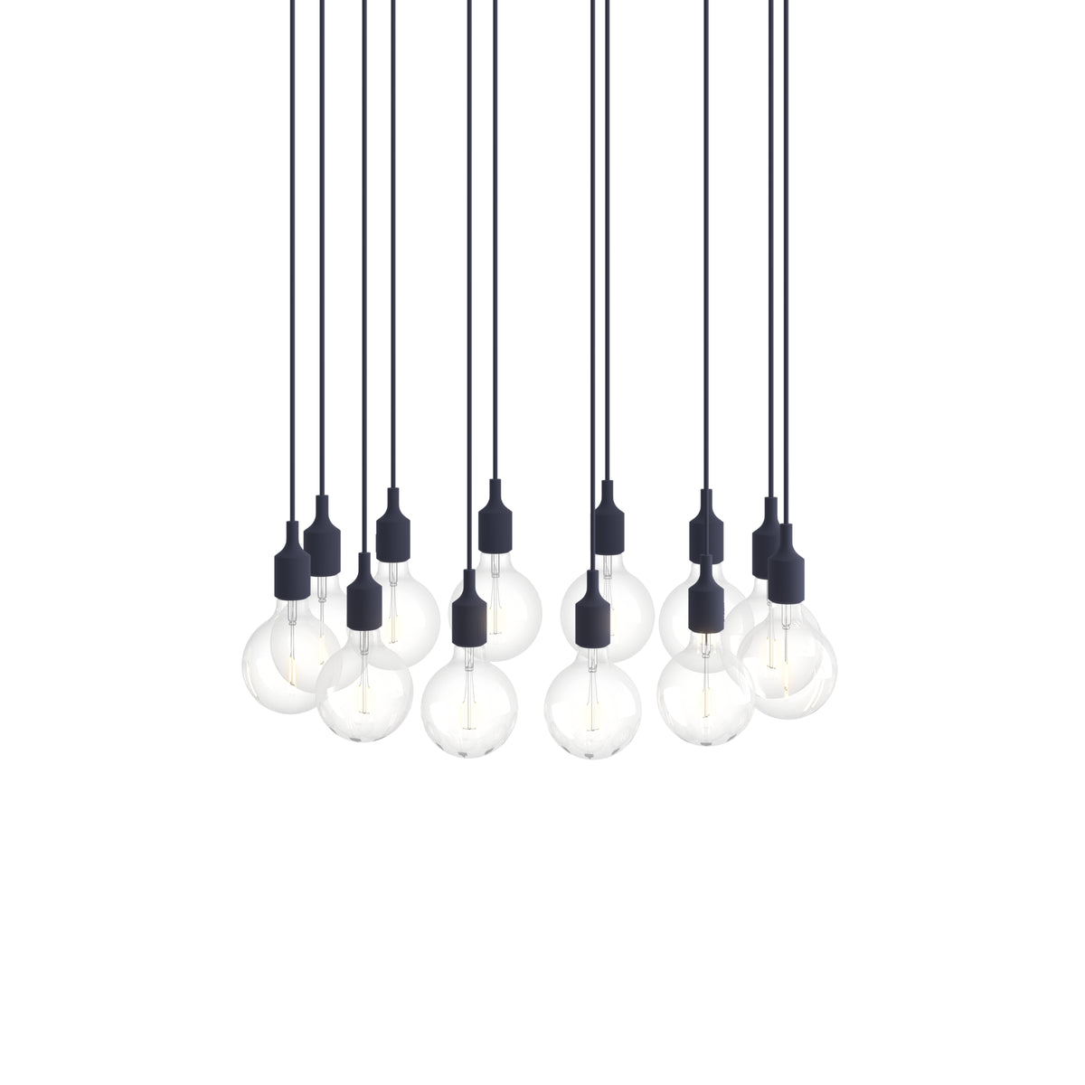 Muuto E27 Pendant Cluster - 12 - White / Midnight Blue; manufacturer arrangement with suspension cords continuing beyond the frame