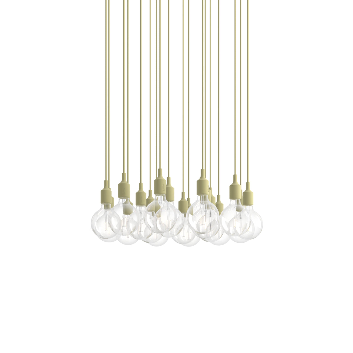 Muuto E27 Pendant Cluster - 18 - White / Beige Green; manufacturer arrangement with suspension cords continuing beyond the frame