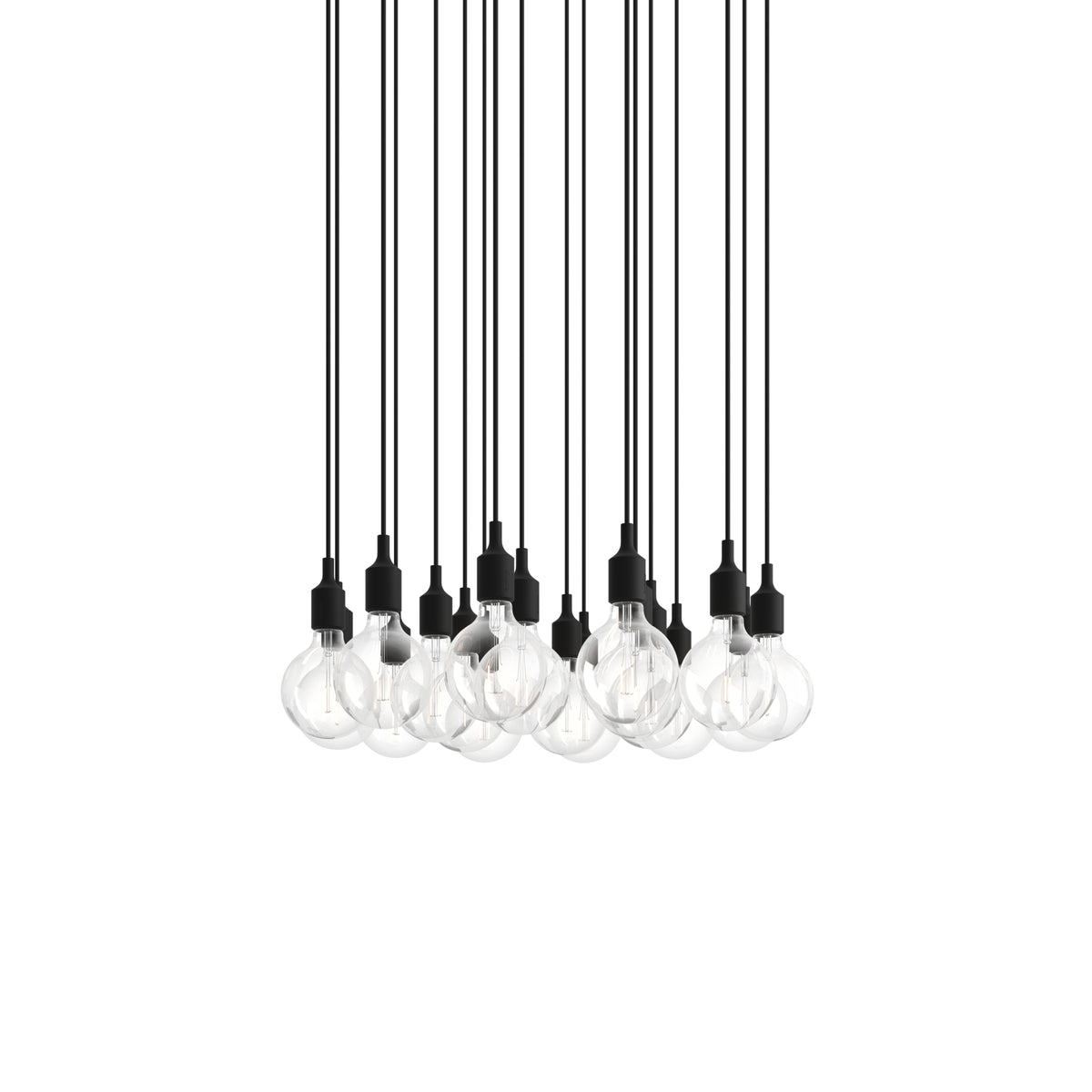 Muuto E27 Pendant Cluster - 18 - White / Black; manufacturer arrangement with suspension cords continuing beyond the frame