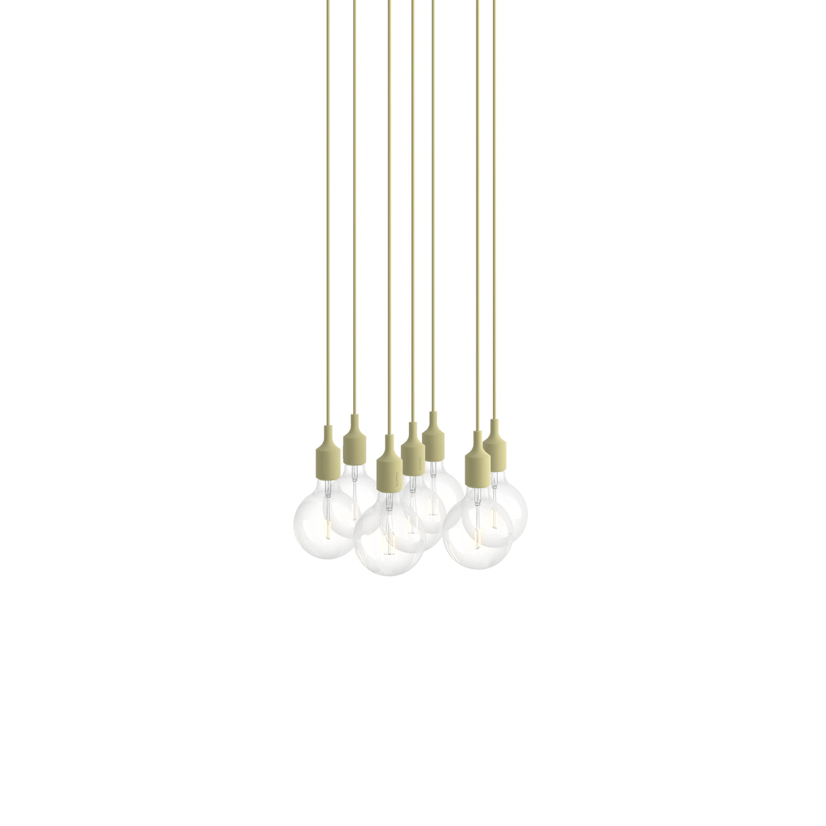 Muuto E27 Pendant Cluster - 7 - White / Beige Green; manufacturer arrangement with suspension cords continuing beyond the frame