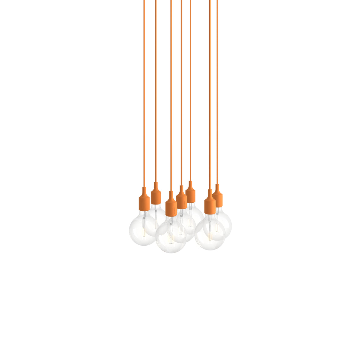 Muuto E27 Pendant Cluster - 7 - White / Light Orange; manufacturer arrangement with suspension cords continuing beyond the frame