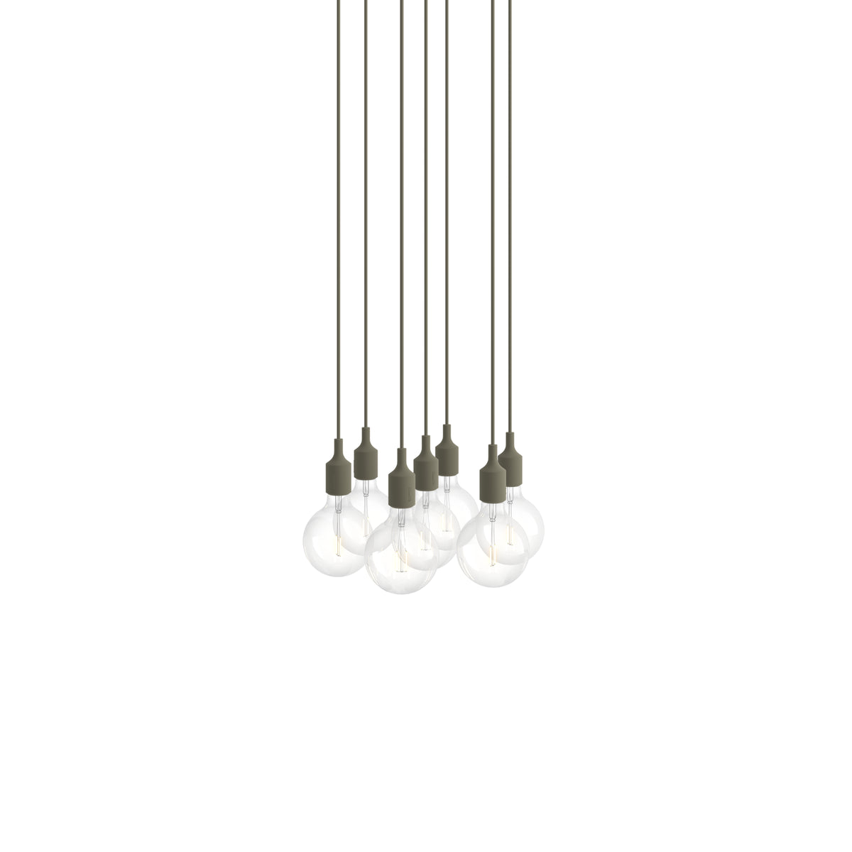 Muuto E27 Pendant Cluster - 7 - White / Olive; manufacturer arrangement with suspension cords continuing beyond the frame