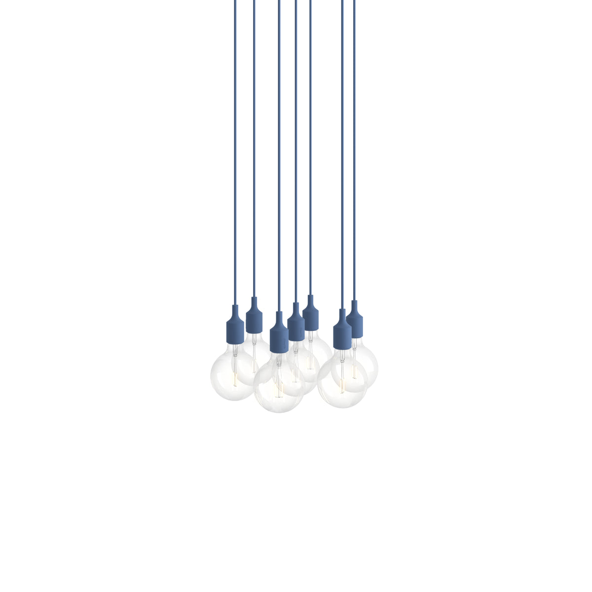 Muuto E27 Pendant Cluster - 7 - White / Pale Blue; manufacturer arrangement with suspension cords continuing beyond the frame