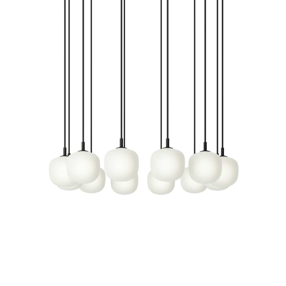 Muuto Rime Pendant Cluster - Ø12 - 12 - White / Black; manufacturer arrangement with suspension cords continuing beyond the frame