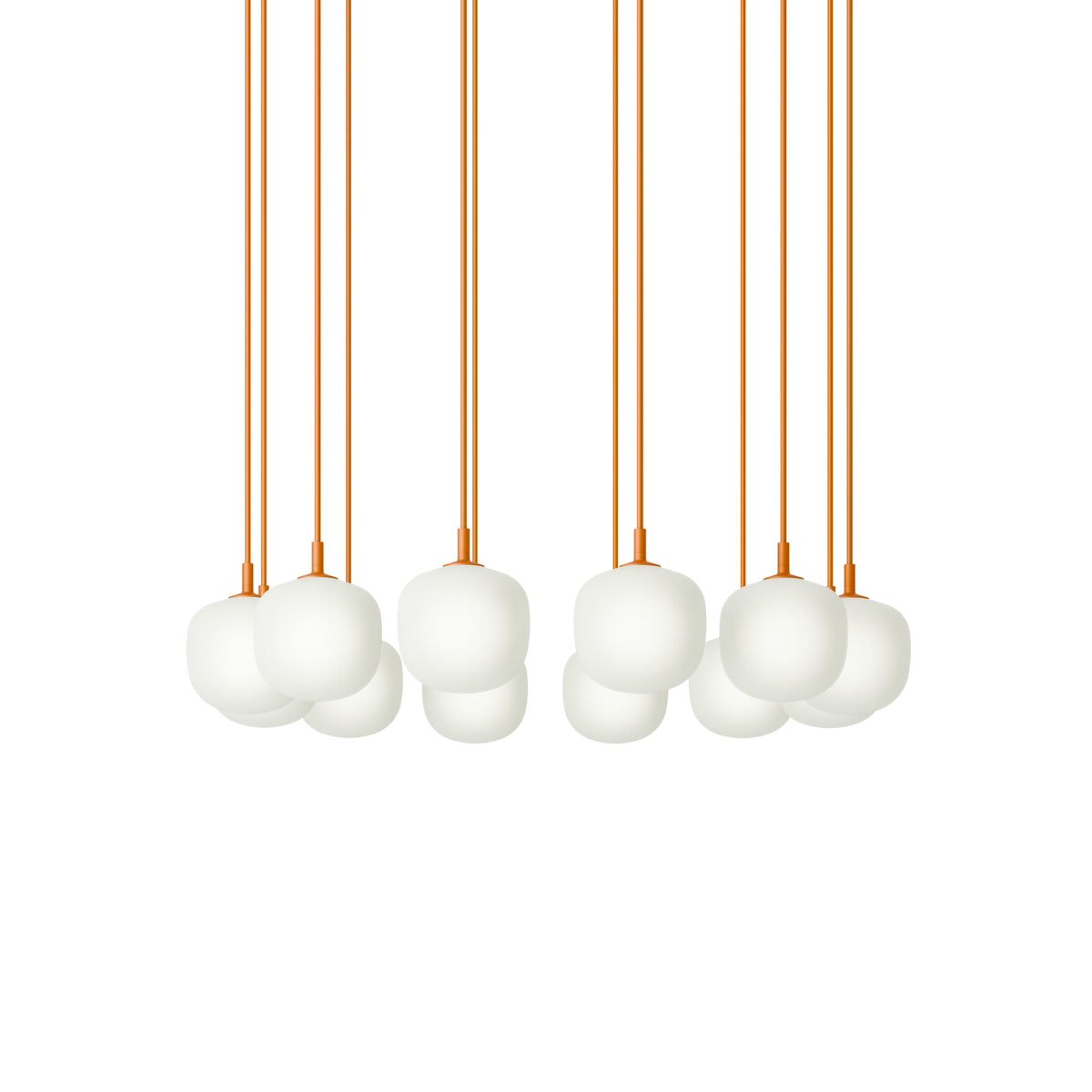 Muuto Rime Pendant Cluster - Ø12 - 12 - White / Orange; manufacturer arrangement with suspension cords continuing beyond the frame