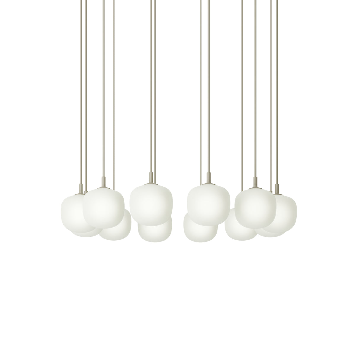 Muuto Rime Pendant Cluster - Ø12 - 12 - White / Grey; manufacturer arrangement with suspension cords continuing beyond the frame