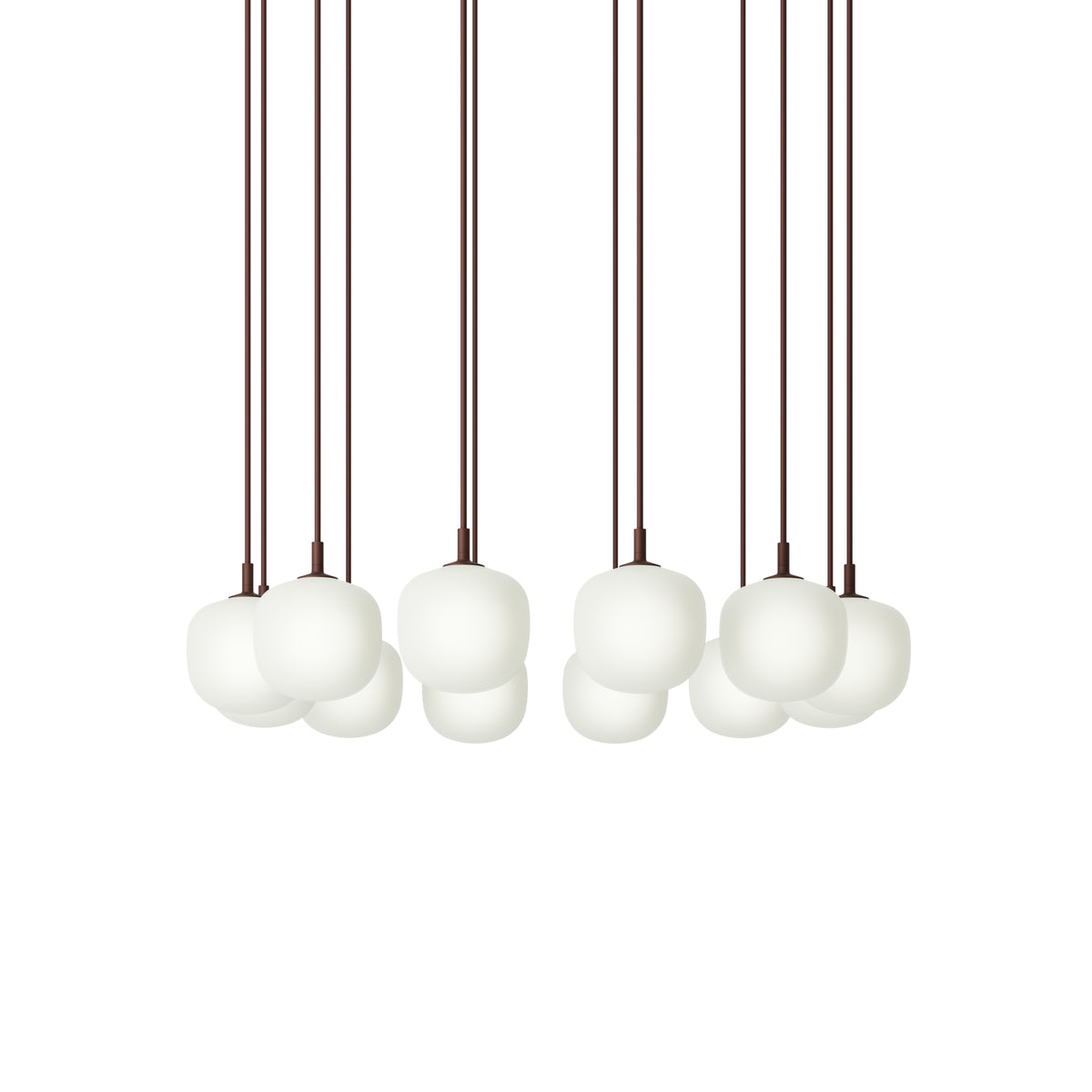 Muuto Rime Pendant Cluster - Ø12 - 12 - White / Deep Red; manufacturer arrangement with suspension cords continuing beyond the frame