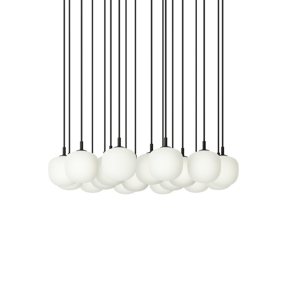 Muuto Rime Pendant Cluster - Ø12 - 18 - White / Black; manufacturer arrangement with suspension cords continuing beyond the frame