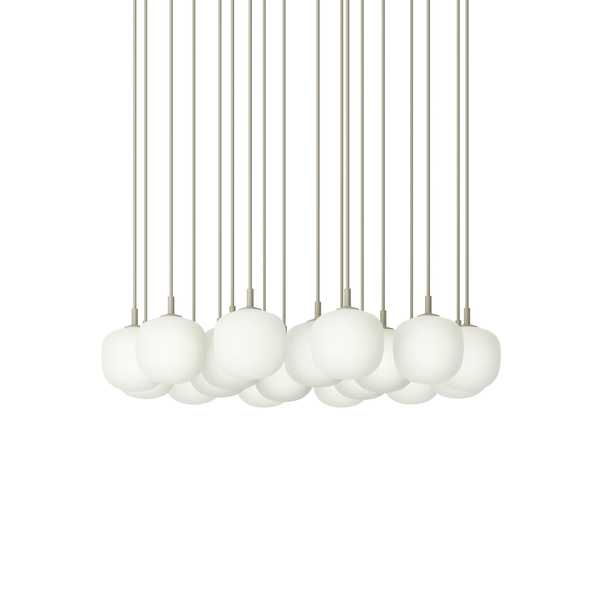 Muuto Rime Pendant Cluster - Ø12 - 18 - White / Grey; manufacturer arrangement with suspension cords continuing beyond the frame