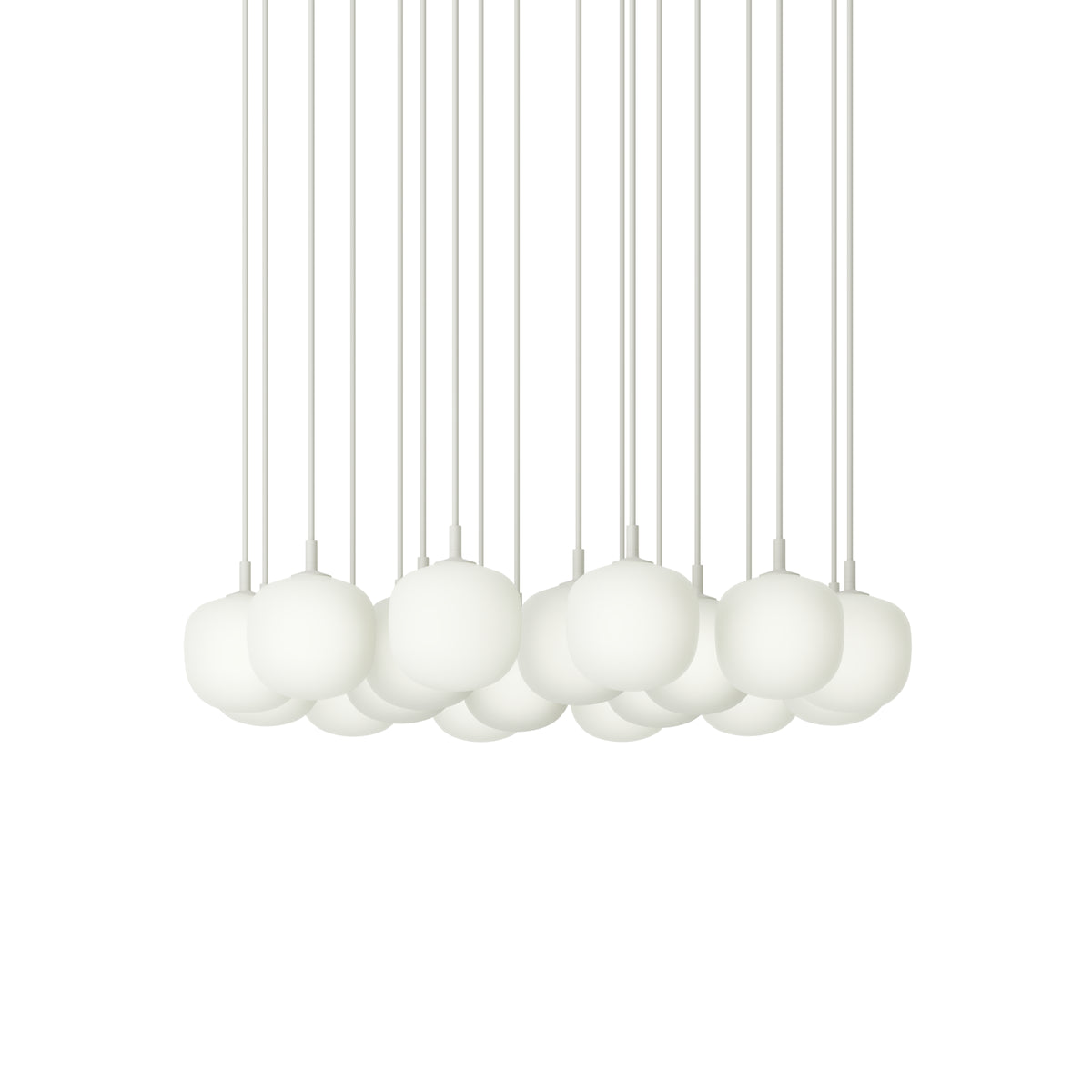 Muuto Rime Pendant Cluster - Ø12 - 18 - White / White; manufacturer arrangement with suspension cords continuing beyond the frame