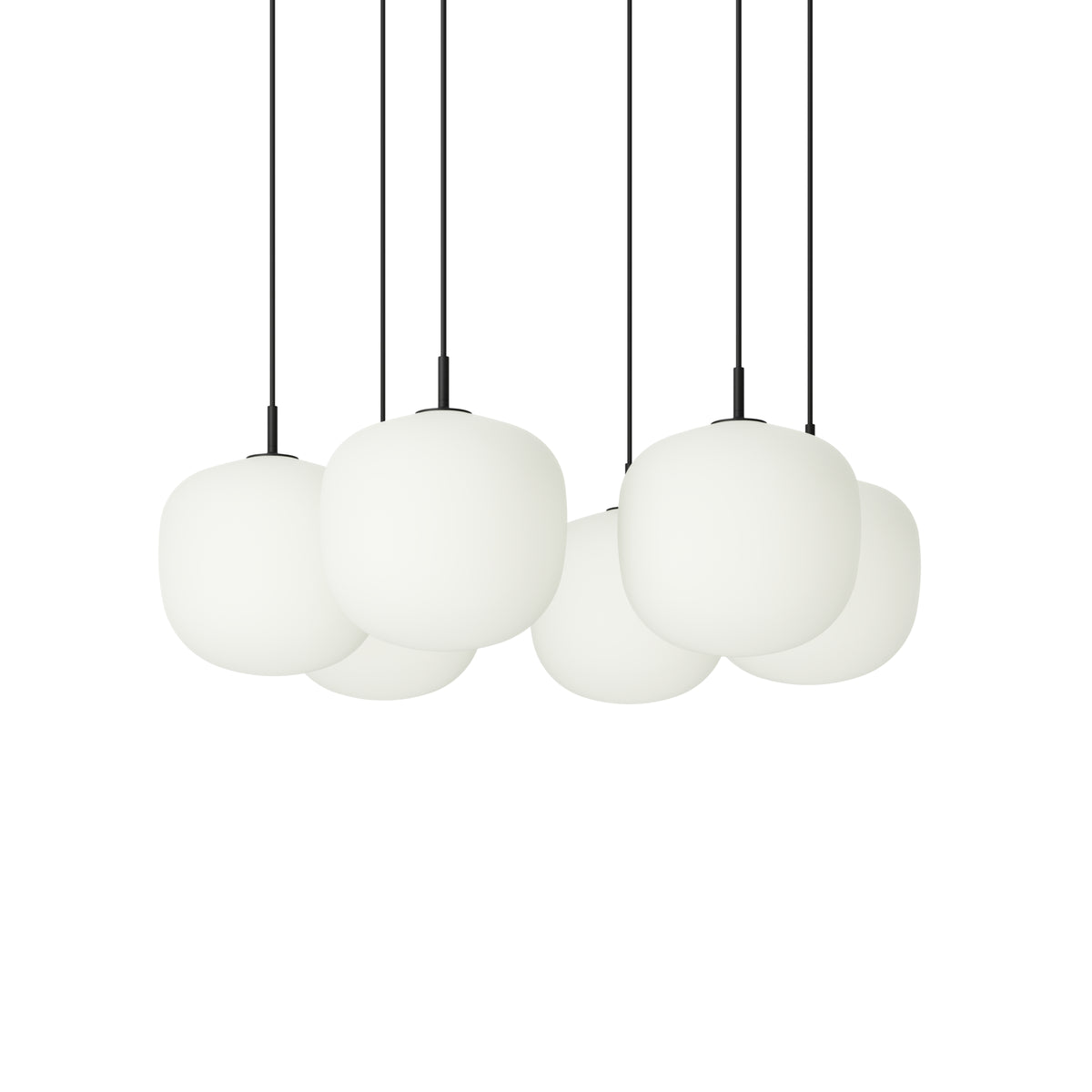 Muuto Rime Pendant Cluster - Ø25 - 6 - White / Black; manufacturer arrangement with suspension cords continuing beyond the frame