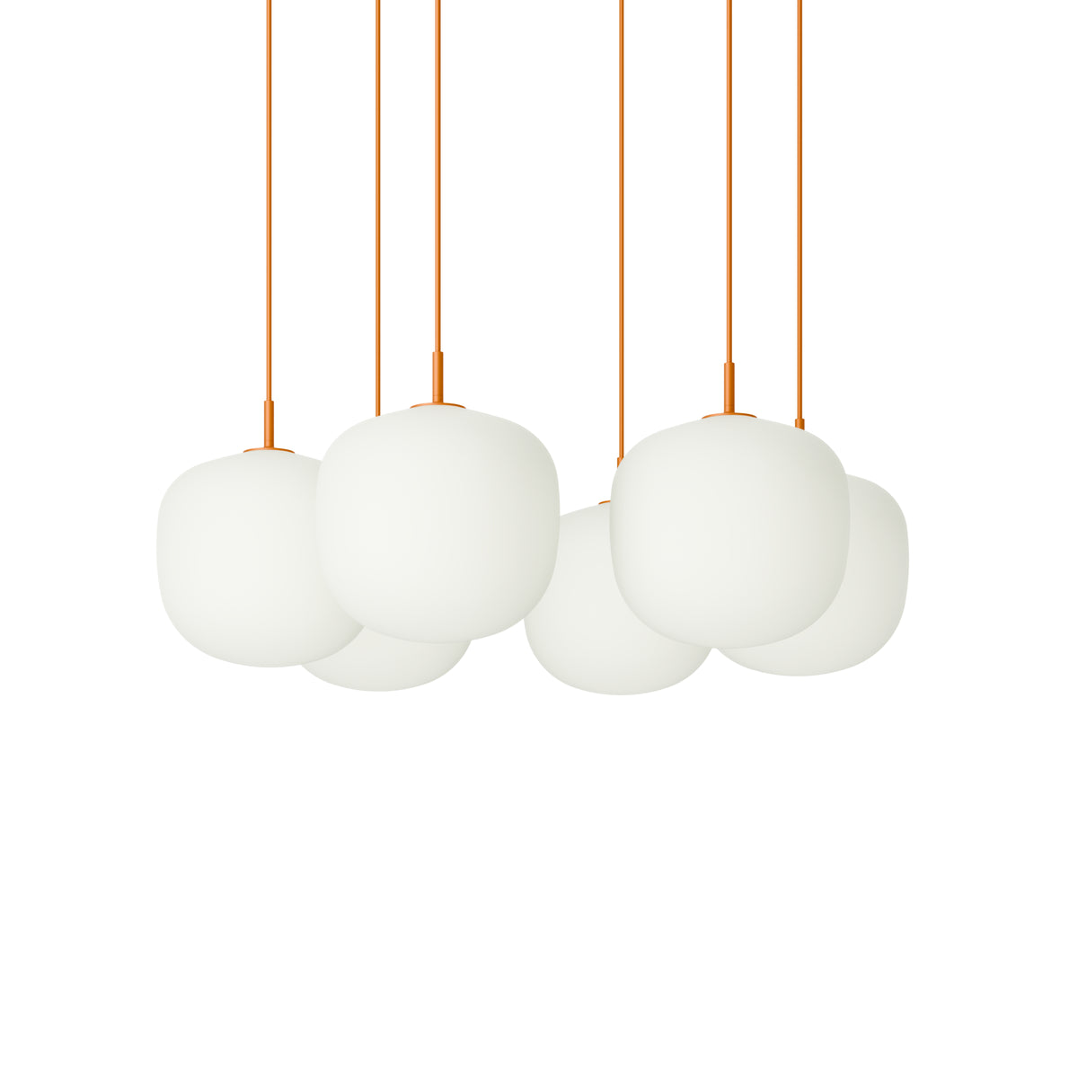 Muuto Rime Pendant Cluster - Ø25 - 6 - White / Orange; manufacturer arrangement with suspension cords continuing beyond the frame