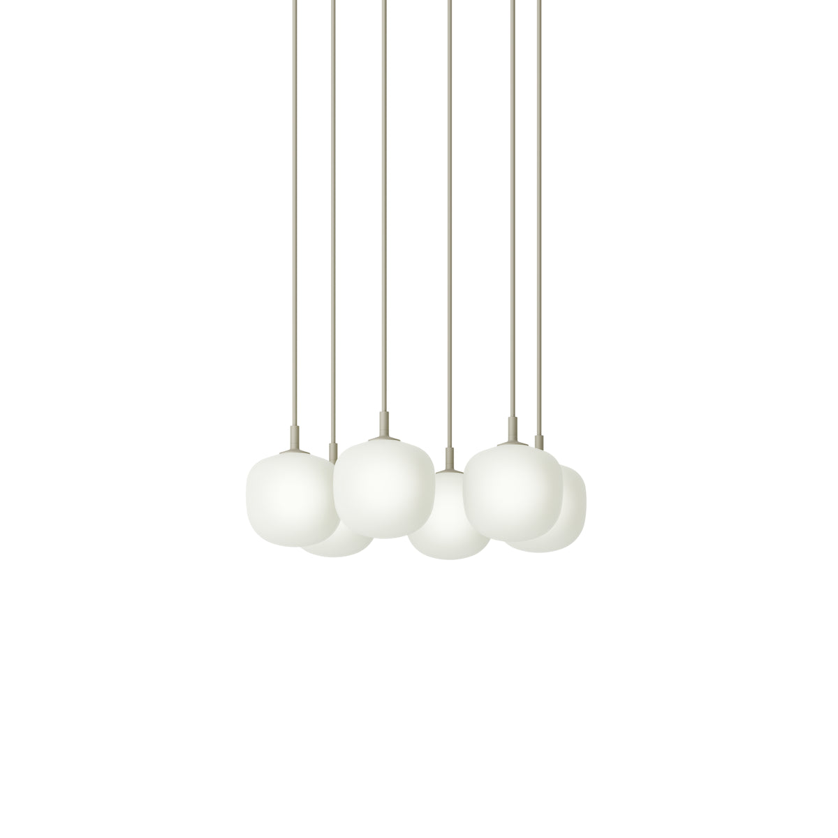 Muuto Rime Pendant Cluster - Ø12 - 6 - White / Grey; manufacturer arrangement with suspension cords continuing beyond the frame