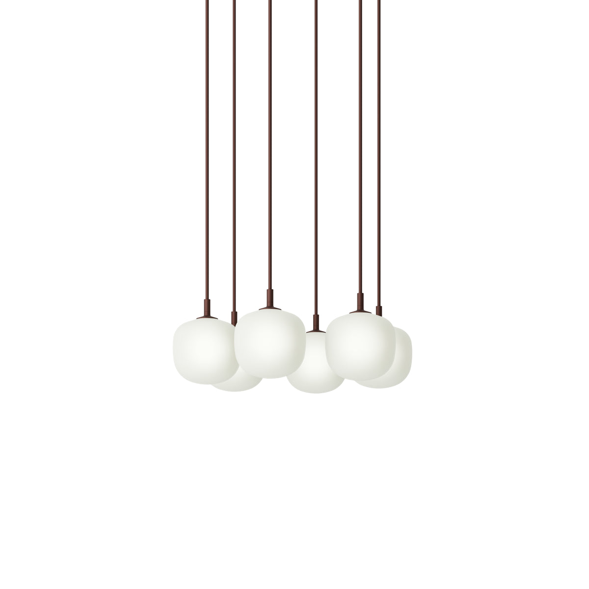 Muuto Rime Pendant Cluster - Ø12 - 6 - White / Deep Red; manufacturer arrangement with suspension cords continuing beyond the frame