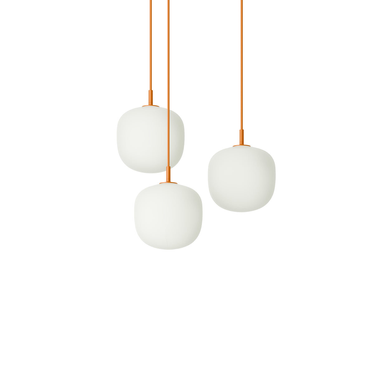 Muuto Rime Pendant Cluster - Ø18 - 3 - White / Orange; manufacturer arrangement with suspension cords continuing beyond the frame