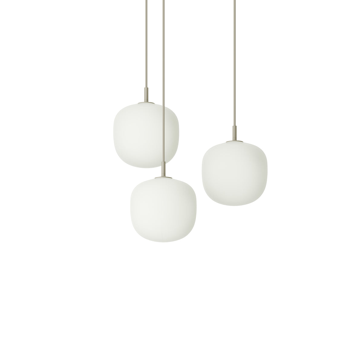 Muuto Rime Pendant Cluster - Ø18 - 3 - White / Grey; manufacturer arrangement with suspension cords continuing beyond the frame