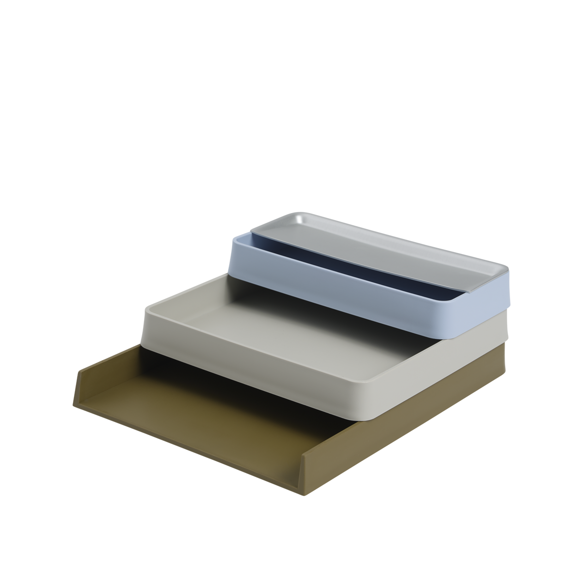 Muuto Arrange Desktop Series Combination 2: olive-green, grey and light-blue trays with a metallic lid.