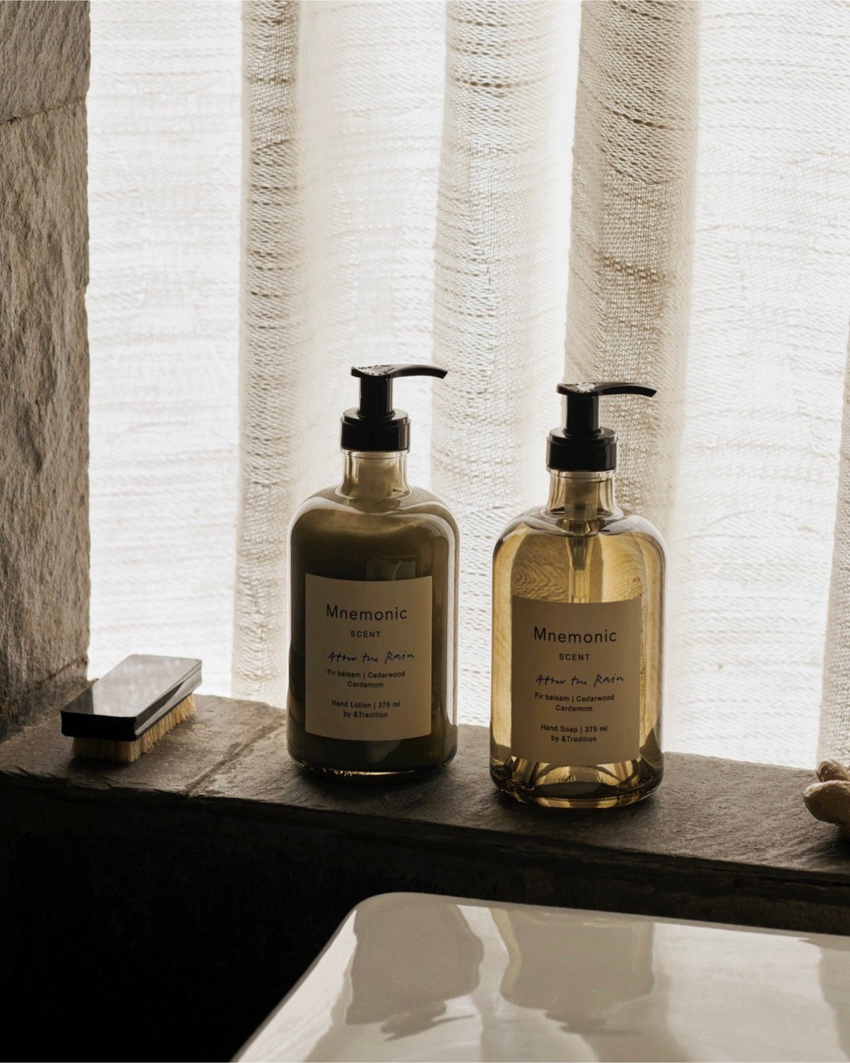 Mnemonic bottles beside a bathroom basin