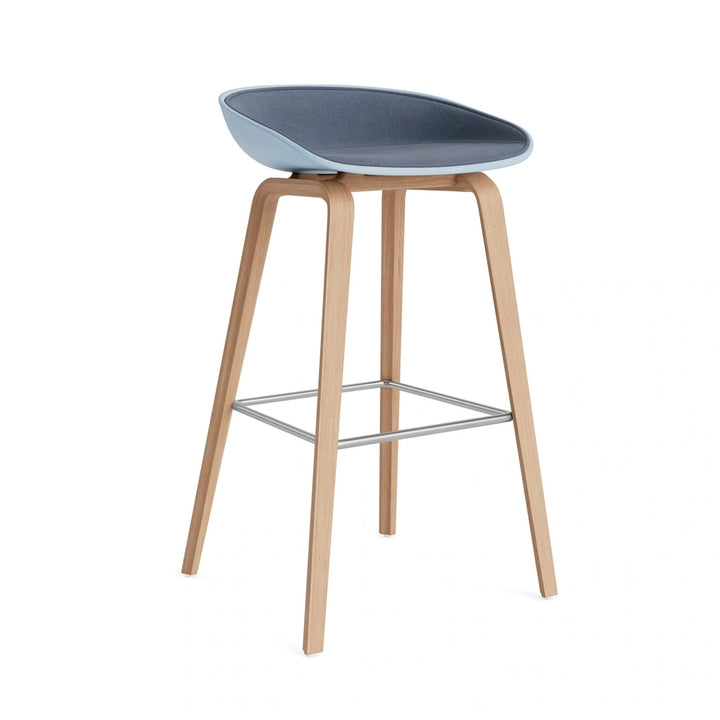 HAY AAS 32 H75 front upholstered in Linara 198, slate blue shell, lacquered oak base and stainless steel footrest