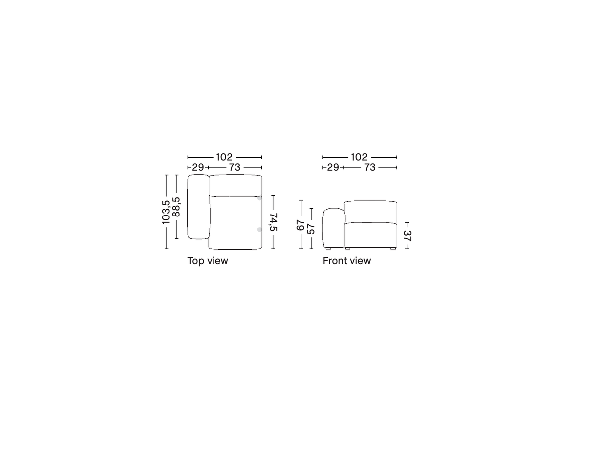 HAY Mags Soft removable-cover narrow left armrest module S1064RC, supplier top and front technical drawings