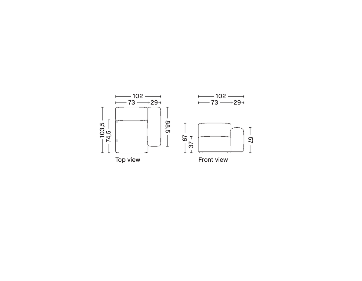 HAY Mags Soft removable-cover narrow right armrest module S1065RC, supplier top and front technical drawings