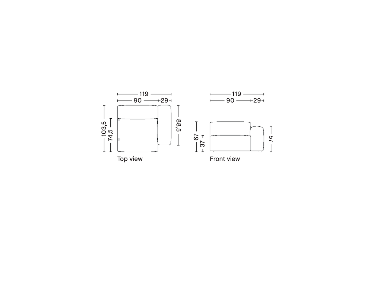 HAY Mags Soft removable-cover wide right armrest module S1965RC, supplier top and front technical drawings