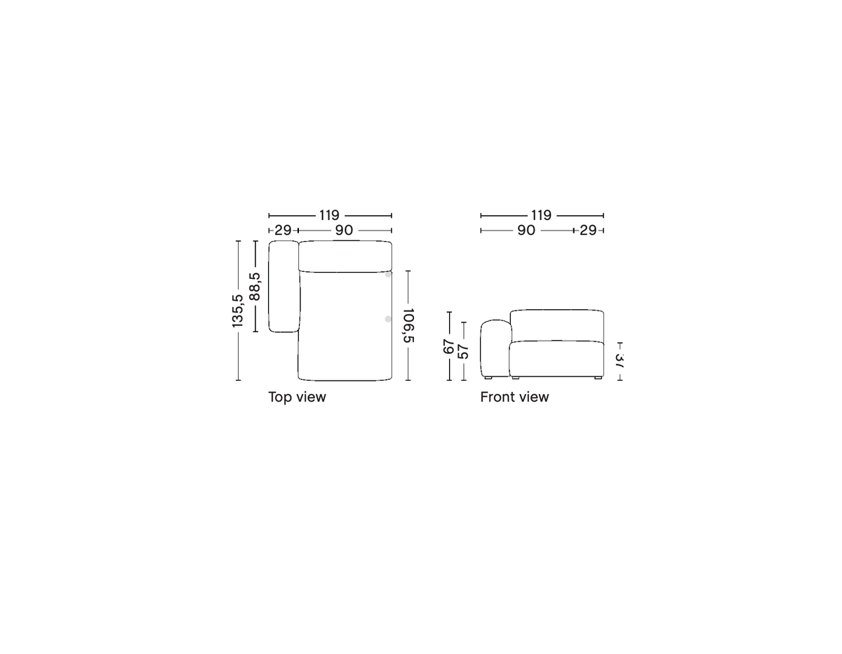 HAY Mags Soft removable-cover wide chaise longue left armrest module S8264RC, supplier top and front technical drawings
