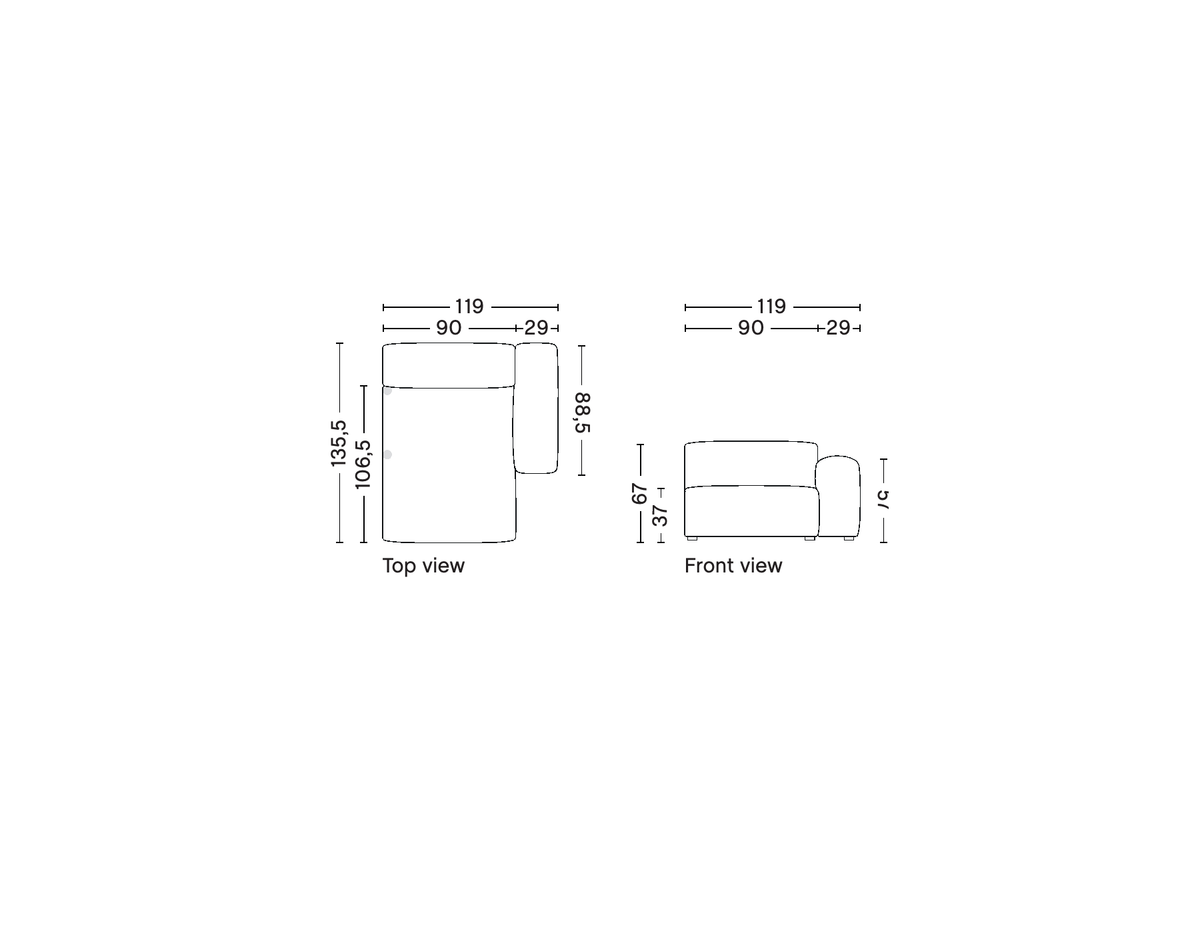 HAY Mags Soft removable-cover wide chaise longue right armrest module S8265RC, supplier top and front technical drawings