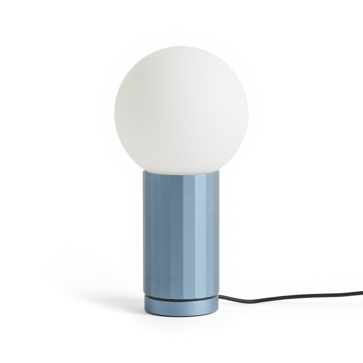HAY Turn On Table Lamp in blue anodised aluminium with opal glass globe