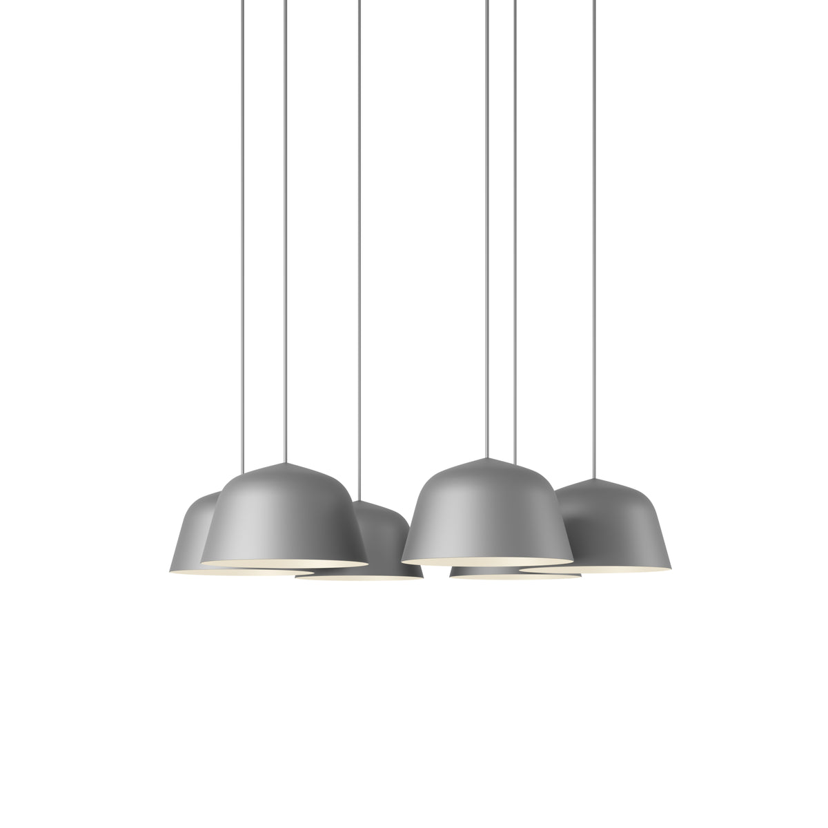 Muuto Ambit Pendant Cluster - Ø25 - 6 - White / Grey; manufacturer arrangement with suspension cords continuing beyond the frame