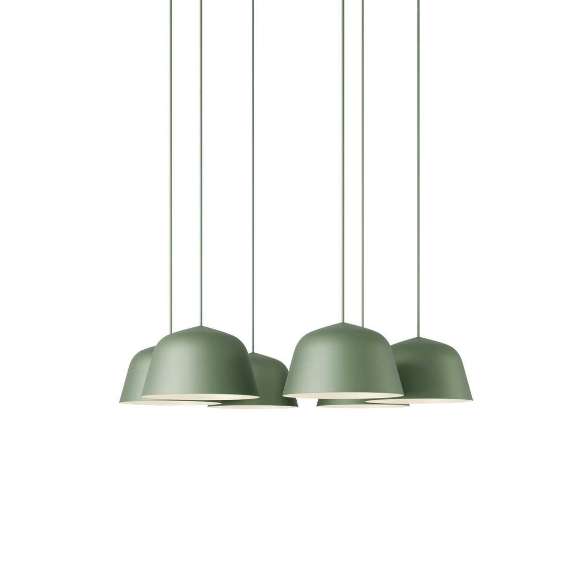 Muuto Ambit Pendant Cluster - Ø25 - 6 - White / Dusty Green; manufacturer arrangement with suspension cords continuing beyond the frame