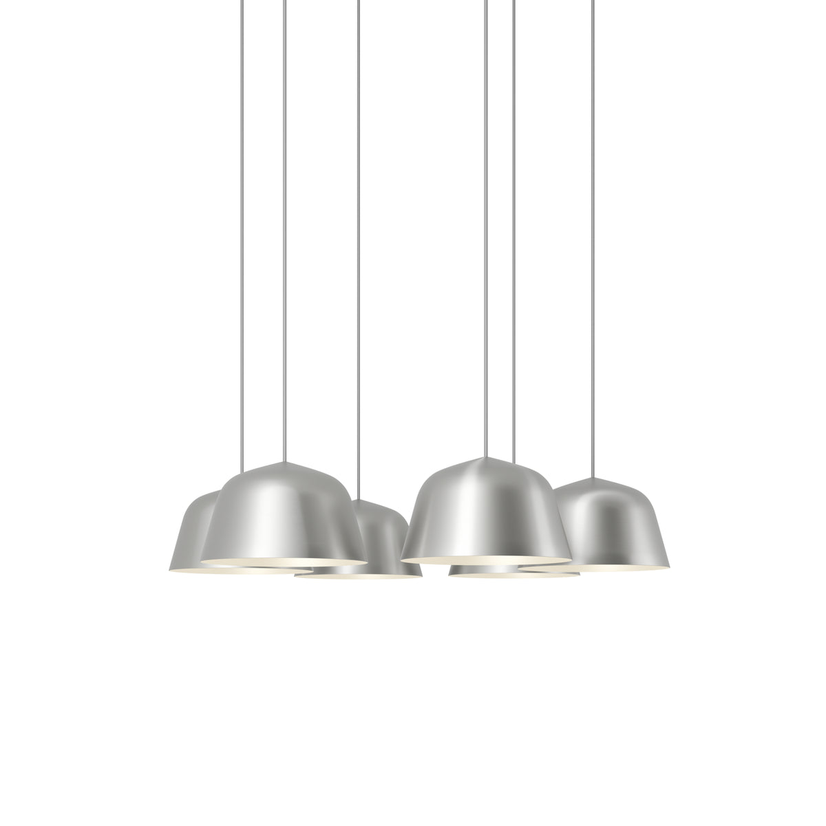 Muuto Ambit Pendant Cluster - Ø25 - 6 - White / Brushed Aluminum; manufacturer arrangement with suspension cords continuing beyond the frame