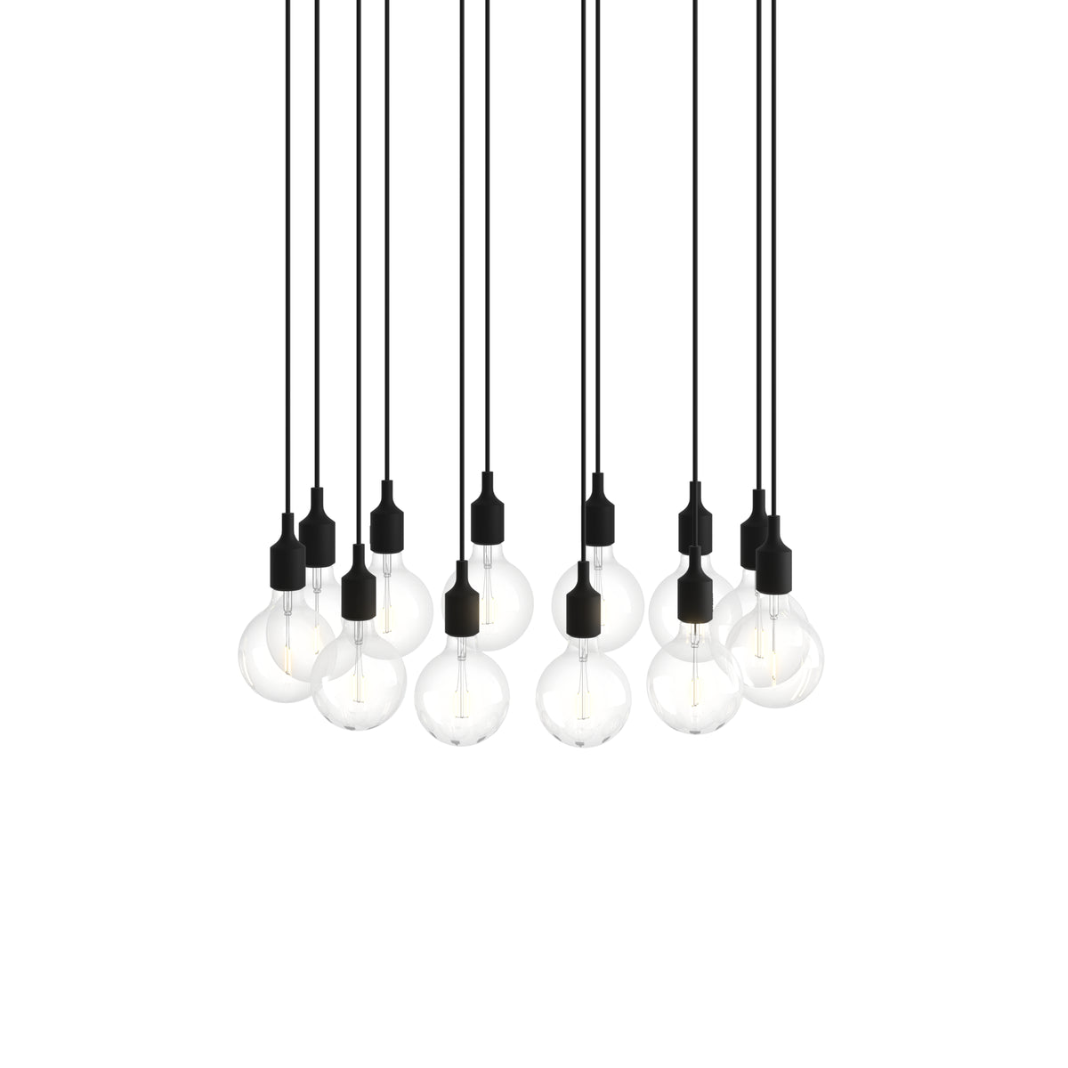 Muuto E27 Pendant Cluster - 12 - White / Black; manufacturer arrangement with suspension cords continuing beyond the frame