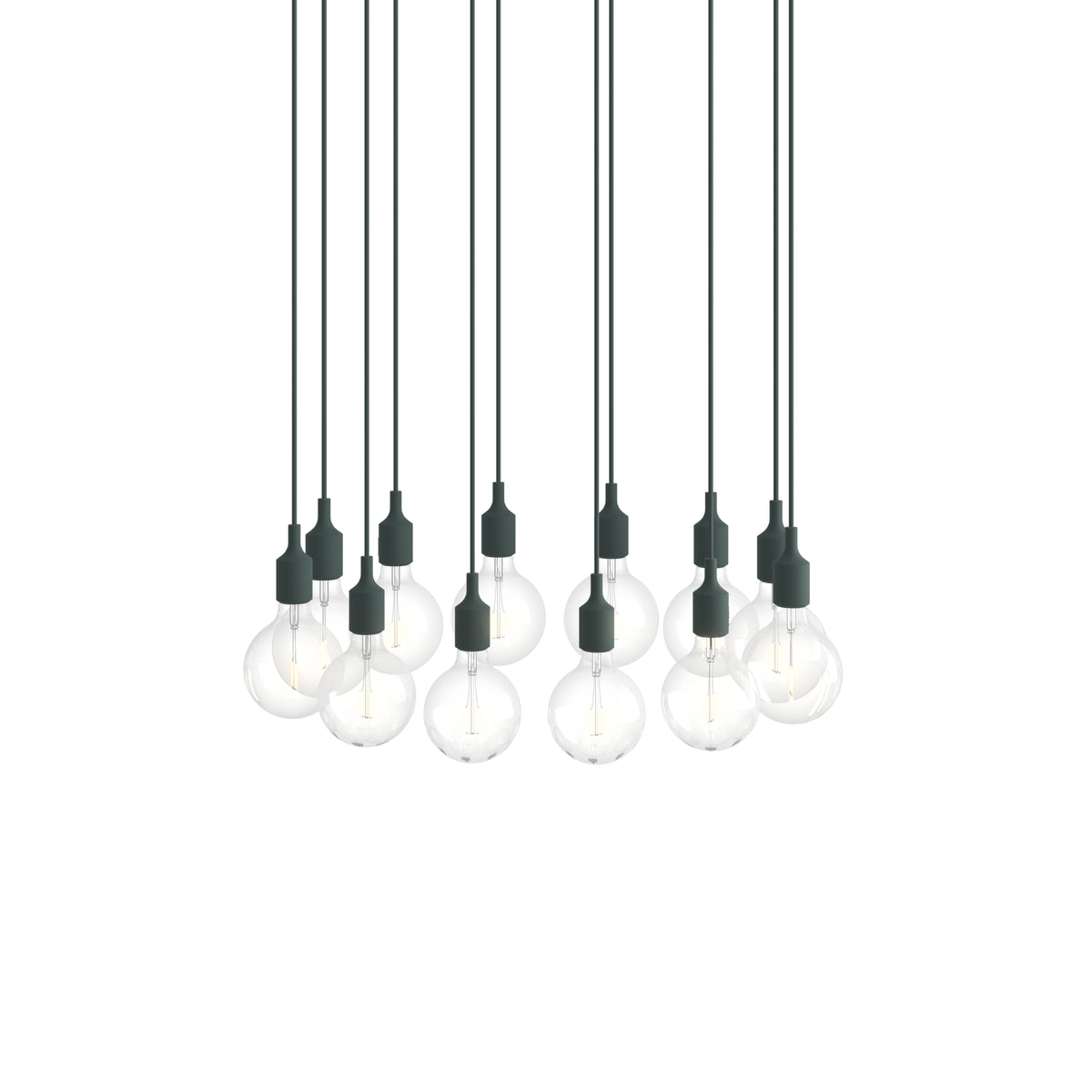 Muuto E27 Pendant Cluster - 12 - White / Dark Green; manufacturer arrangement with suspension cords continuing beyond the frame