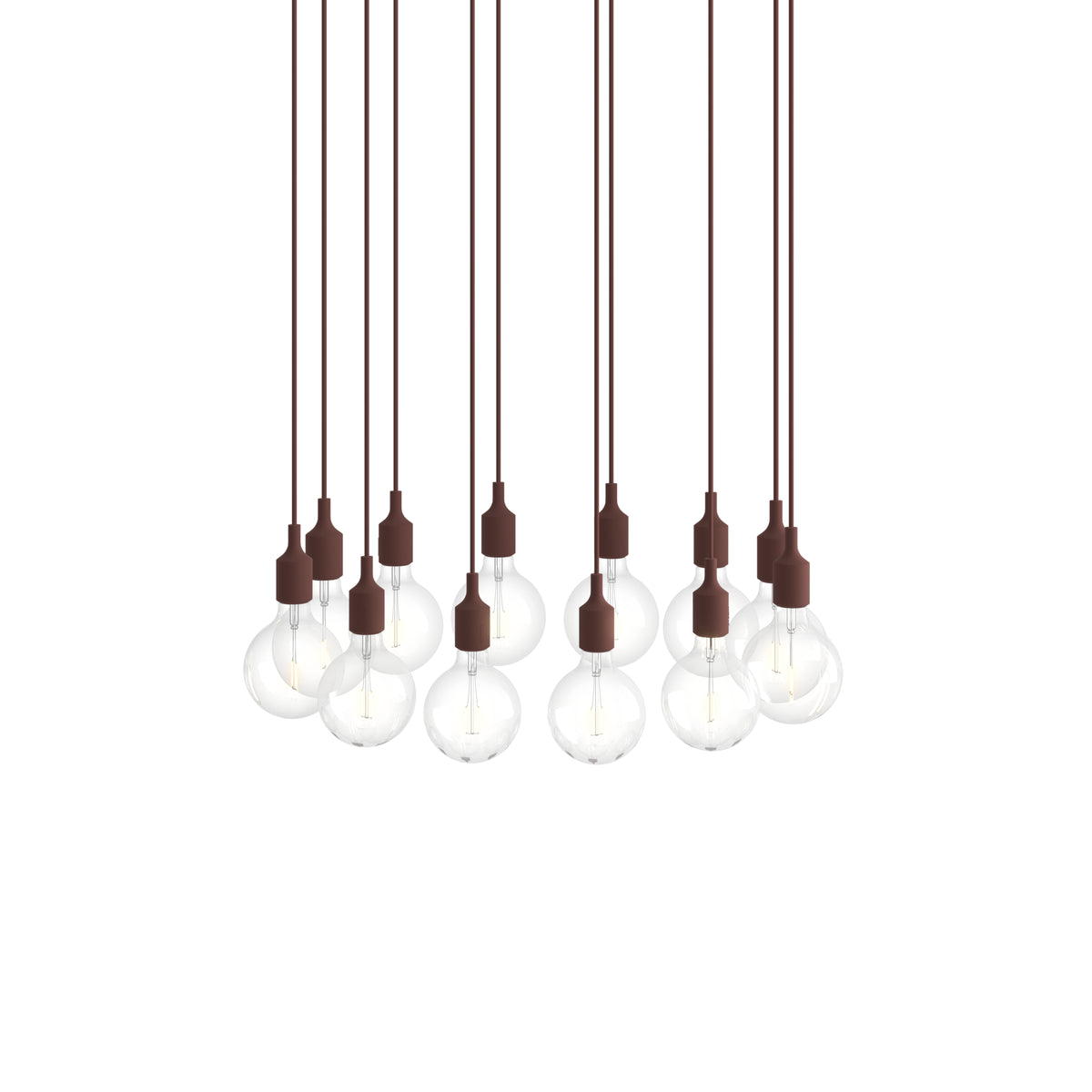 Muuto E27 Pendant Cluster - 12 - White / Deep Red; manufacturer arrangement with suspension cords continuing beyond the frame
