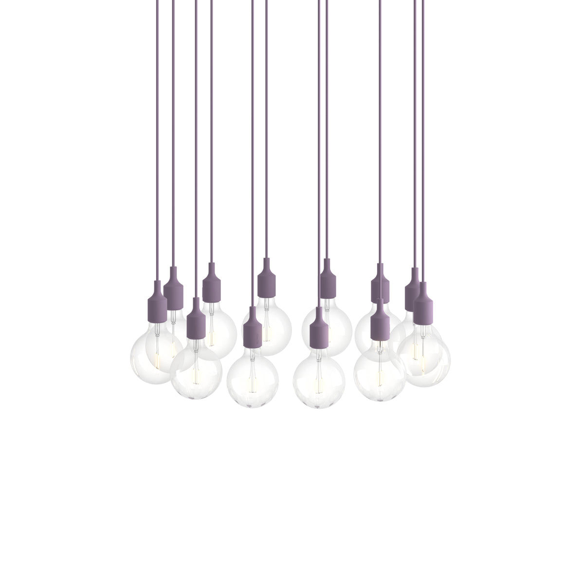 Muuto E27 Pendant Cluster - 12 - White / Dusty Lilac; manufacturer arrangement with suspension cords continuing beyond the frame