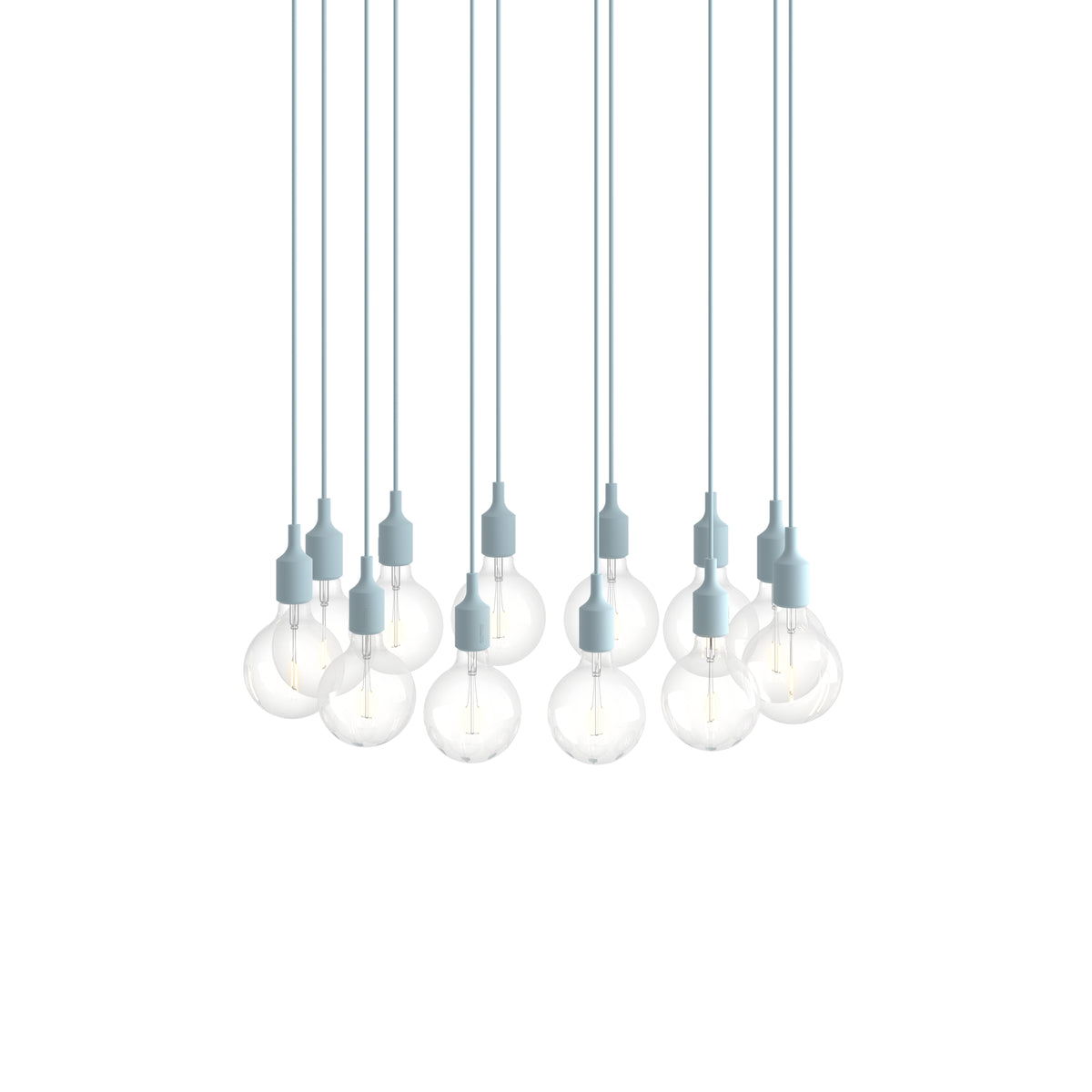 Muuto E27 Pendant Cluster - 12 - White / Light Blue; manufacturer arrangement with suspension cords continuing beyond the frame