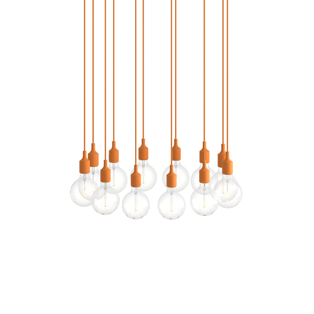 Muuto E27 Pendant Cluster - 12 - White / Light Orange; manufacturer arrangement with suspension cords continuing beyond the frame