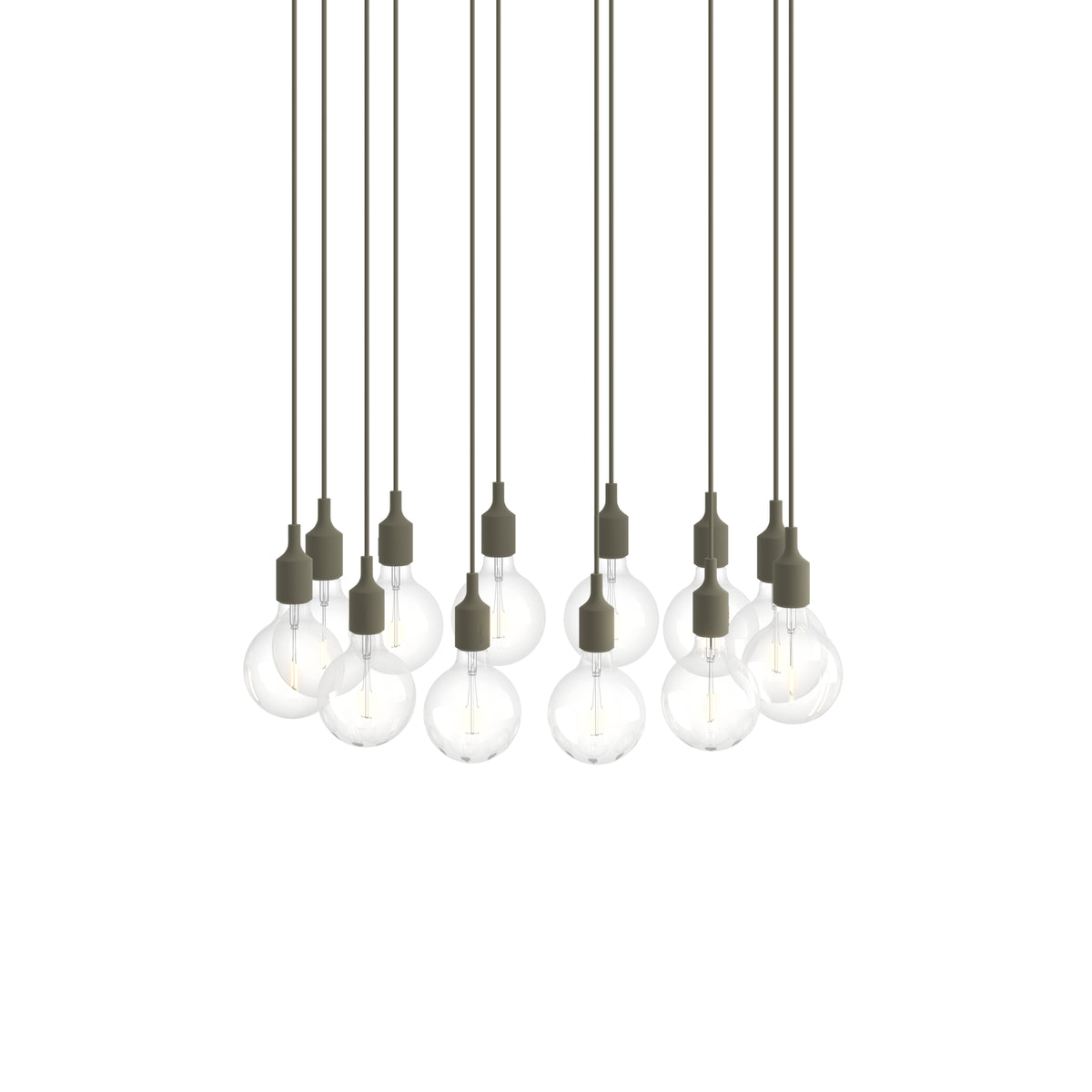 Muuto E27 Pendant Cluster - 12 - White / Olive; manufacturer arrangement with suspension cords continuing beyond the frame