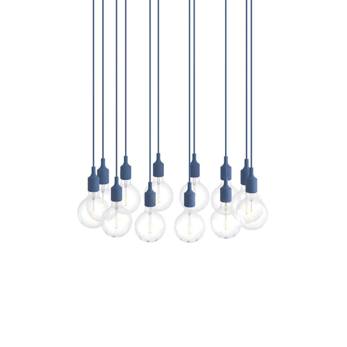 Muuto E27 Pendant Cluster - 12 - White / Pale Blue; manufacturer arrangement with suspension cords continuing beyond the frame