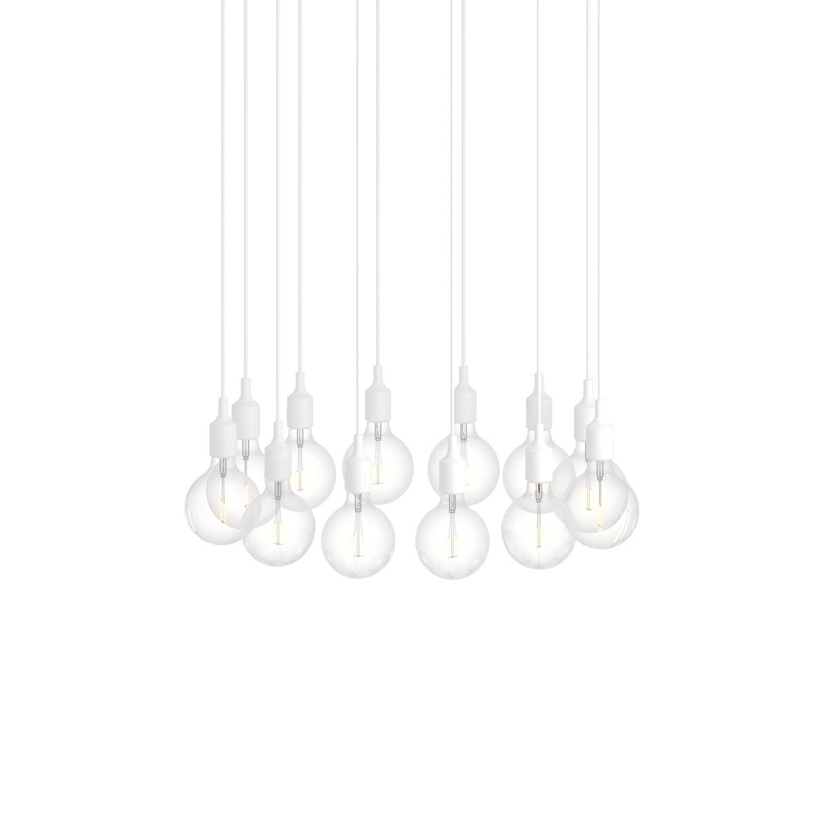 Muuto E27 Pendant Cluster - 12 - White / White; manufacturer arrangement with suspension cords continuing beyond the frame